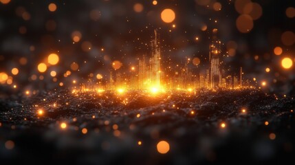 Obraz premium Glowing city skyline emerging from dark, textured ground with bokeh lights.