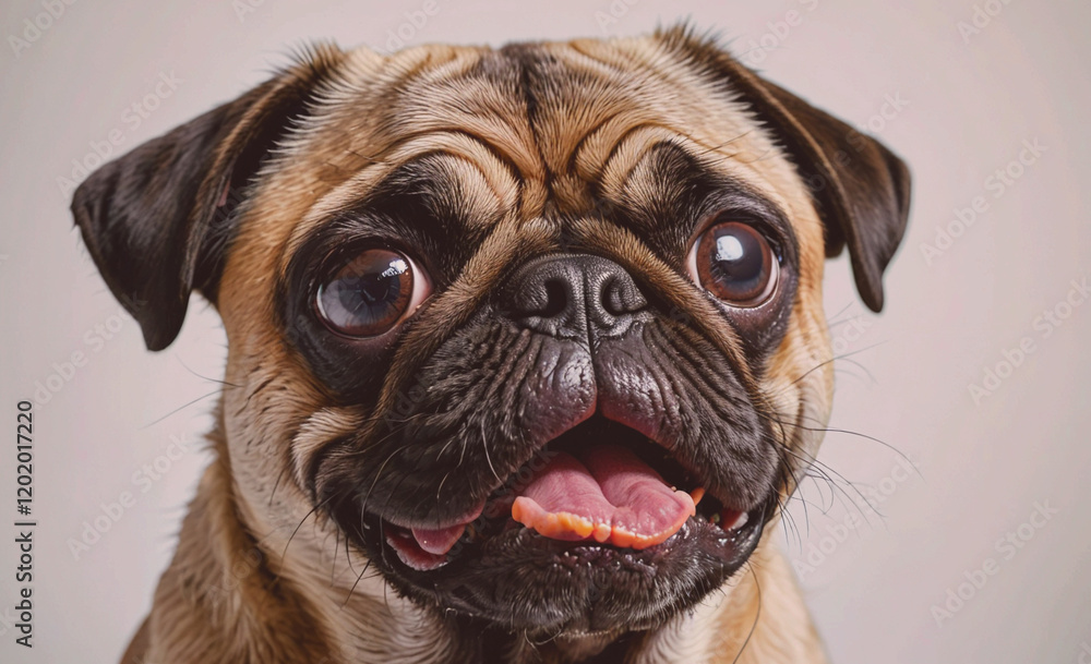 Aufkleber a pug dog with its tongue out and a big smile on its face. the dog's eyes are wide open, and it is h
