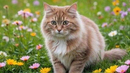 Fawn british longhair cat in flower field