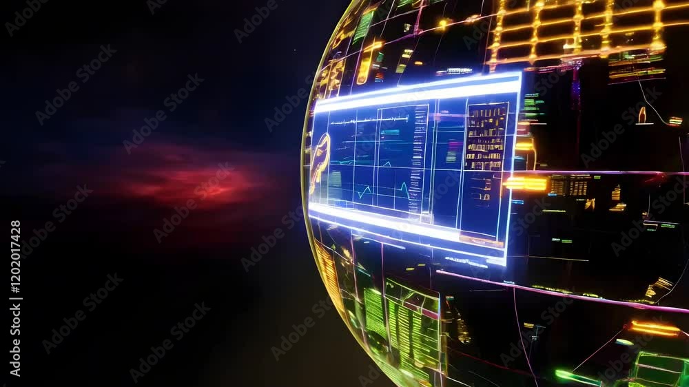 Poster a futuristic glowing sphere with intricate digital patterns and lights floats in a dark cosmic envir
