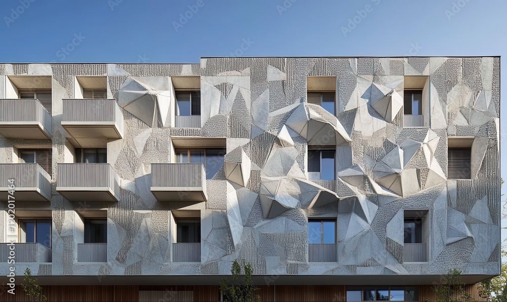 Poster modern architectural facade with geometric patterns and textured surface in bright daylight featurin