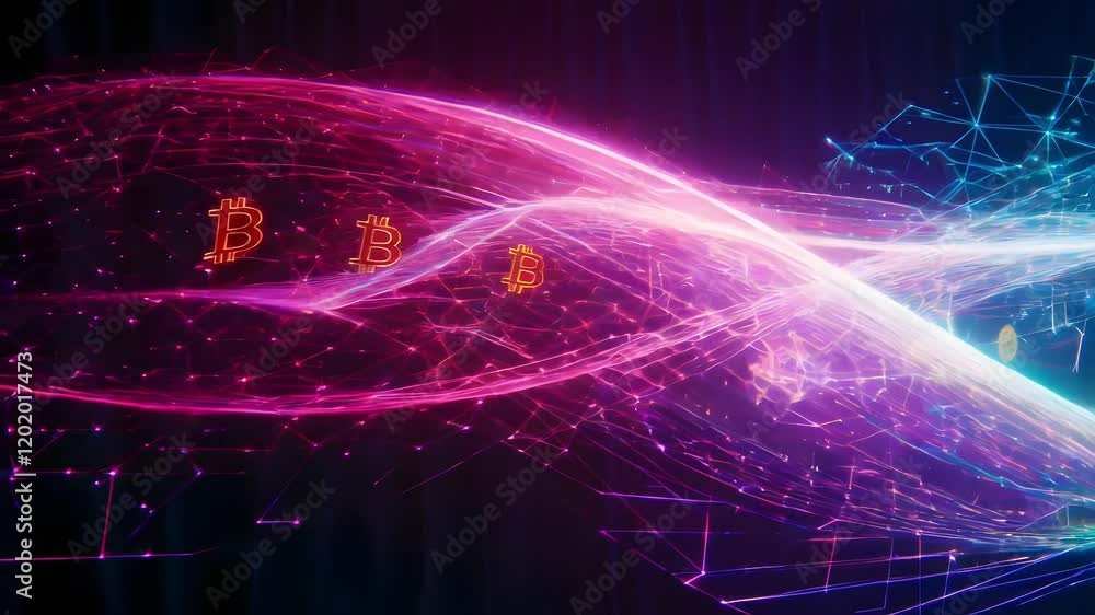 Poster digital representation of bitcoin in a futuristic network with vibrant neon light waves