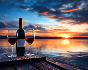 Two glasses of red wine and a bottle sit on a wooden dock, beautifully illuminated by a stunning sunset over the water.