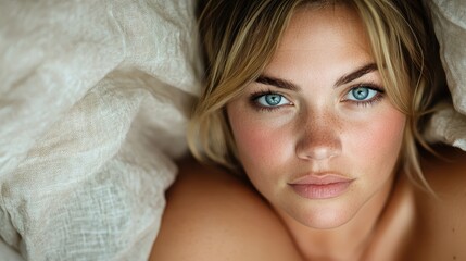 Fototapeta premium A captivating close-up of a young woman's serene expression, showcasing her natural beauty against a soft textured background that emphasizes relaxation and calmness.