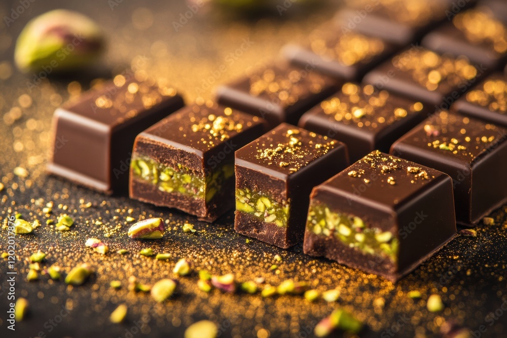 Poster indulgent chocolate bar filled with pistachio paste and sprinkled with golden dust. generative ai