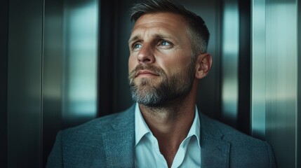 A contemplative businessman gazes upwards thoughtfully in a sleek elevator, showcasing a stylish suit and a striking beard, symbolizing modern professionalism.