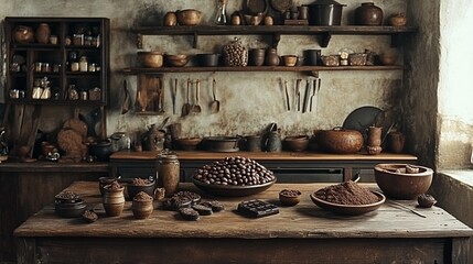 Naklejka premium Rustic kitchen, cocoa beans, chocolate, preparation. Food blog, recipe