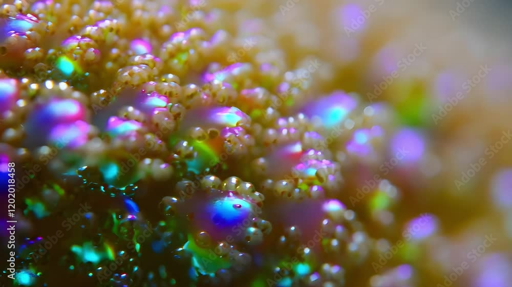 Poster an abstract view of glowing microscopic organisms in fluid environment with luminous surfaces and st