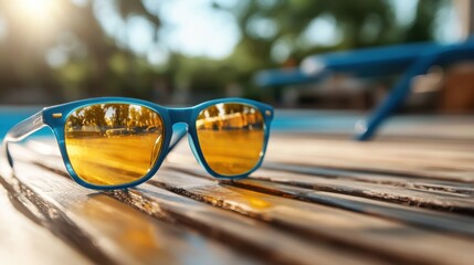 Blue sunglasses with shimmering golden lenses create an eye-catching focal point against a rustic wooden background, emphasizing summertime leisure and casual style.