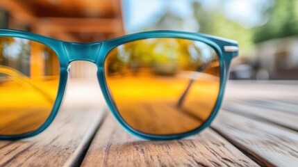 A captivating close-up of reflective blue sunglasses placed on rustic wooden planks, showcasing their vibrant orange lenses and absorbing the warmth of the sun.