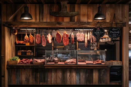 Rustic Butcher Shop Displaying Hanging Meats and Cold Cuts