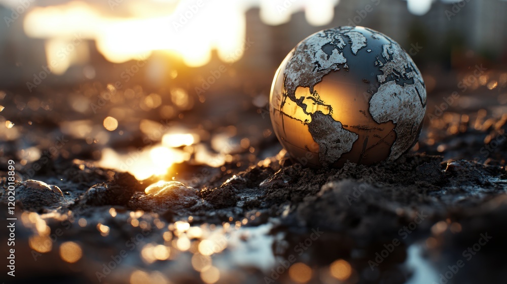 Poster small globe placed on the ground with a simple and clear view of continents and oceans