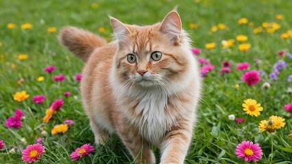 Fawn british longhair cat in flower field