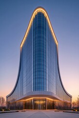 Obraz premium Modern Architectural Marvel at Dusk Featuring Sleek Glass and Innovative Design with Soft Lighting Enhancing the Structure's Contours Against a Beautiful Sky