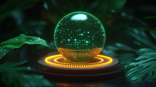 Glowing green sphere on dark platform surrounded by leaves.