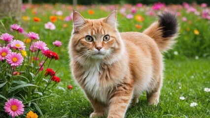 Fawn british longhair cat in flower field