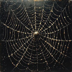 Obraz premium A captivating artwork of a spiderweb adorned with golden dewdrop-like accents on a dark backdrop. Ideal for adding a touch of gothic elegance to any space.