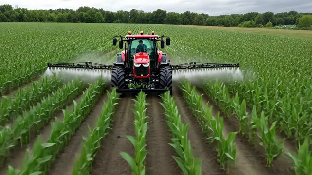 A tractor operates in a vibrant cornfield, applying liquid fertilizer to enhance crop growth efficiently as the sun shines