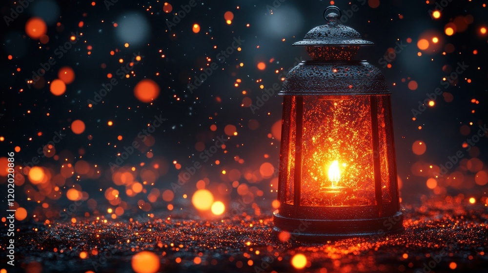 Aufkleber glowing lantern on dark background with bokeh.