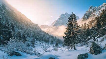 winter sunrise illuminates a snowy mountain valley. Pine trees stand tall in the foreground, enhancing the peaceful atmosphere.