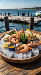 Obraz premium Seafood Platter with Shrimp, Lobster, and Lemons on Ice by the Ocean on a Wooden Deck