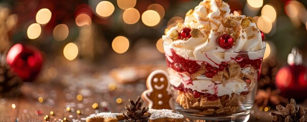 A festive dessert parfait layered with cream, fruit, and spices, surrounded by holiday decorations and a cheerful atmosphere.