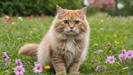 Fawn british longhair cat in flower field