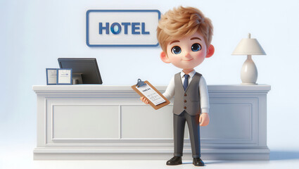 Welcoming receptionist assisting guests at a modern hotel lobby cartoon style bright scene