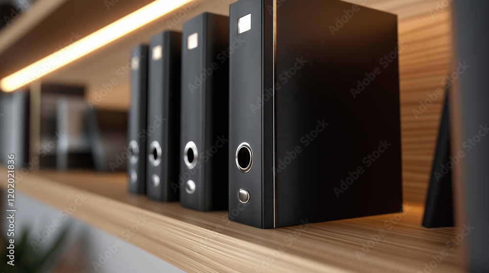 Poster a row of black file folders neatly arranged on a wooden shelf in an office.