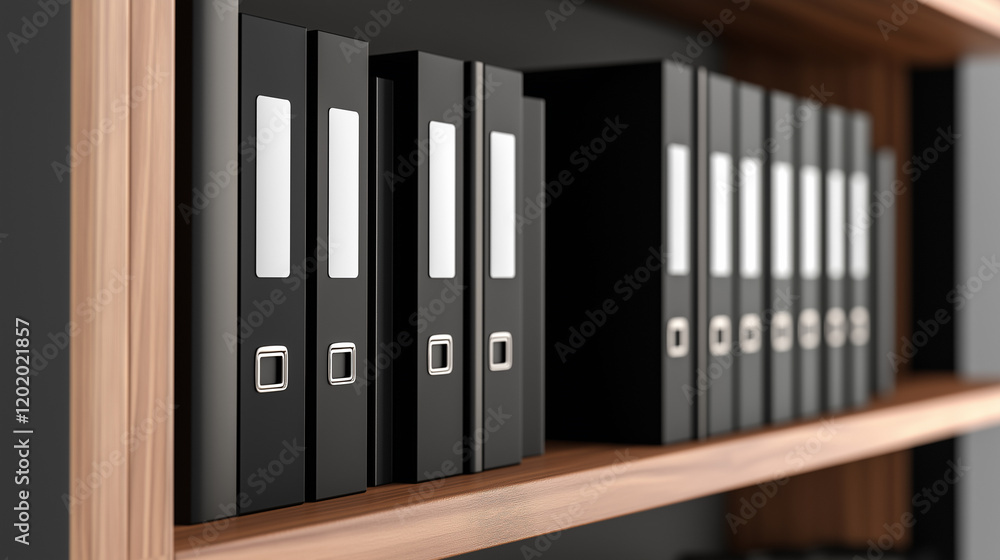 Poster a row of black file folders neatly arranged on a wooden shelf in an office.