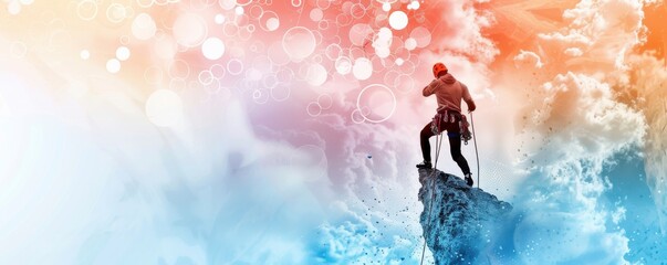 Fototapeta premium A climber stands triumphantly on a rocky edge, surrounded by vibrant colors and mist, embodying adventure and resilience against nature's beauty.