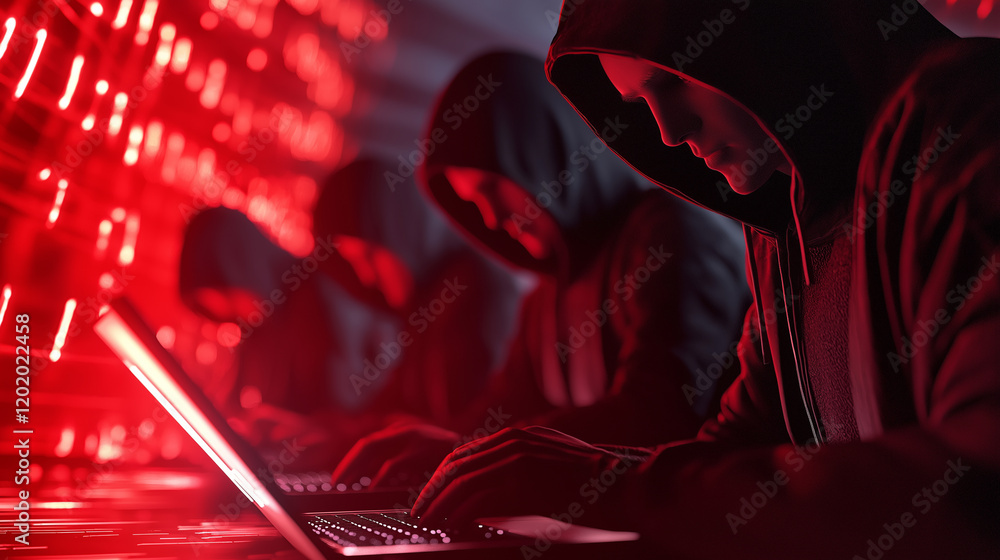 Poster a group of hackers in hoodies working on laptops surrounded by red digital lights.