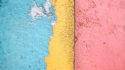 Textured Wall with Pastel Blue Yellow and Pink Paint Abstract Background