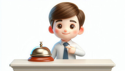 Friendly receptionist welcomes guests at hotel front desk modern environment cartoon style