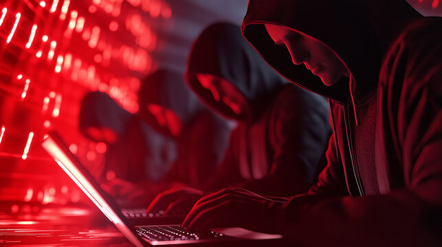 A group of hackers in hoodies working on laptops surrounded by red digital lights.