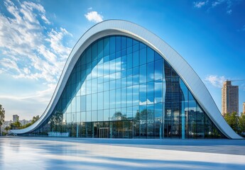 Fototapeta premium Modern Architectural Marvel with Curved Glass Facade under Bright Blue Sky Showcasing Innovative Design and Urban Landscape Aesthetics in City Environment