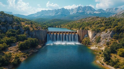 Majestic Dam in Mountainous Landscape: A Breathtaking Aerial View