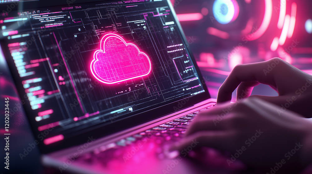 Poster a glowing pink cloud icon above a keyboard, symbolizing cloud computing and technology.