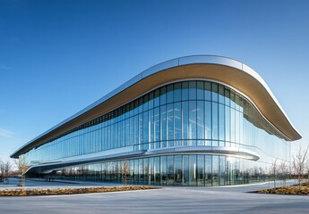 Fototapeta premium Modern architectural marvel with sleek lines and expansive glass façade, showcasing innovative design against a clear blue sky, perfect for contemporary building and design projects.