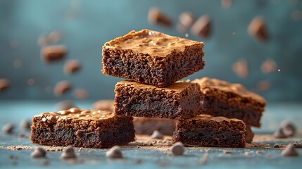 Delicious Chocolate Brownies with Chocolate Chips on Blue Background