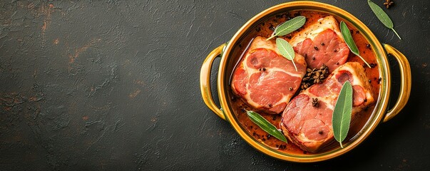 Delicious meat stew simmering in a pot with aromatic herbs and spices.