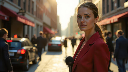 Fototapeta premium News TV Reporter Covering News on City Streets, Interviews, Filming, Advertising Updates