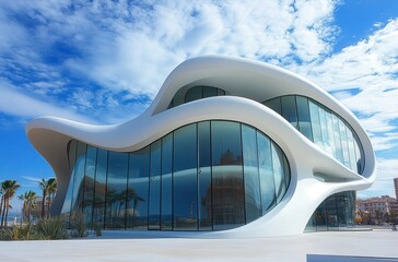 Modern architectural masterpiece with intricate curves and large glass panels against a vibrant blue sky, showcasing innovation and design aesthetics in urban landscape.