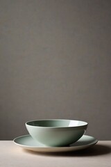 there is a bowl and plate on a table with a gray wall
