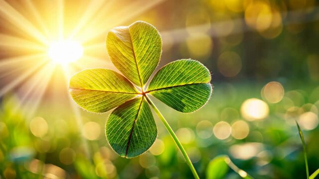 Sunlit four-leaf clover or shamrocks leave on blurred bokeh sunny background. St. Patrick's Day holiday concept, concept of luck, fortune, nature, serenity	
