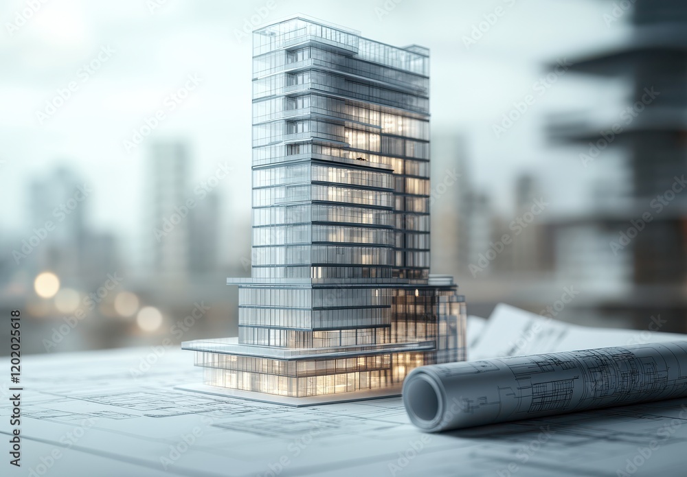 Poster modern architectural model of a high-rise building on a blueprint with a urban background featuring 