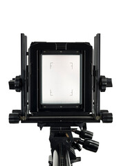 Large format film camera rear view with screen, isolated on white background.