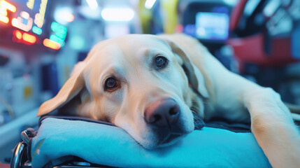 A close-up of a dog laying on an examination table in a veterinary clinic, looking calm and relaxed.
