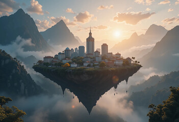 Naklejka premium Sunrise over a Floating City in the Misty Mountains: A Surreal Landscape
