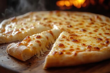 artisanal pizza with stretching mozzarella threads catching golden light, aromatic steam rising dramatically